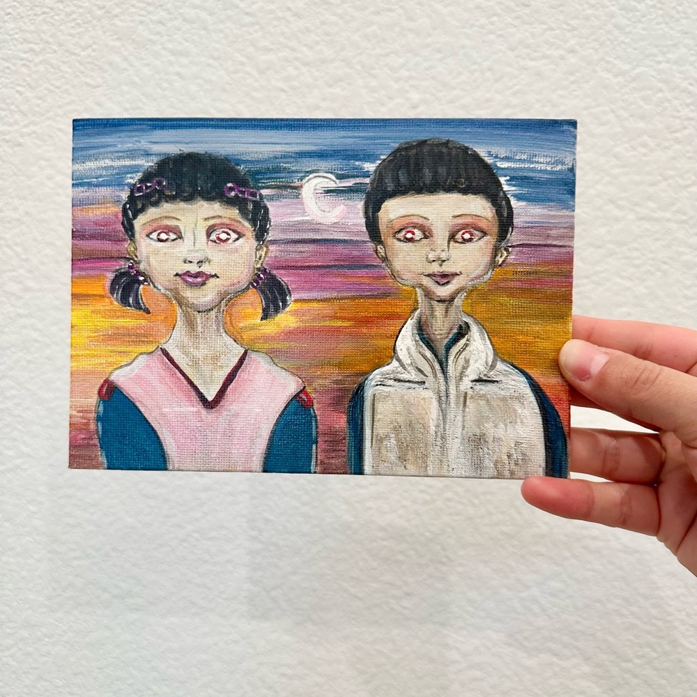 Young-hee & Chul-su Dolls Squid Games Mini Canvas Acrylic Paint Artwork 7”x5”